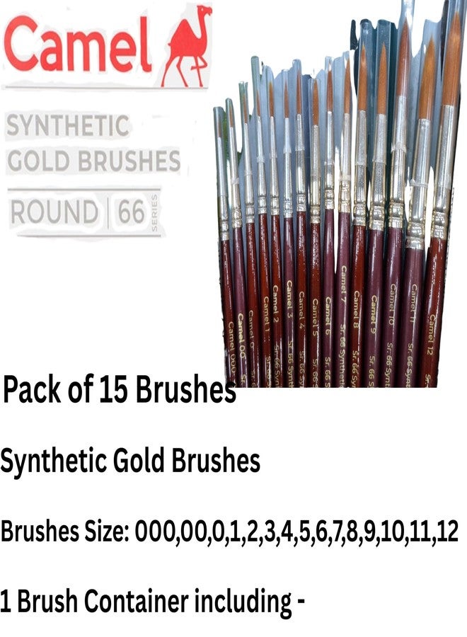 Camel Camlin Kokuyo Gold Synthetic Round Paint Brush Set, Series 66, Pack of 15, Synthetic Taklon Bristle, Size- 000,00,0,1,2,3,4,5,6,7,8,9,10,11,12, with Brush Container, SGOLDR - Image 4